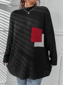 Flirla Plus Colorblock Mock Neck Drop Shoulder Sweater - Black - View 5