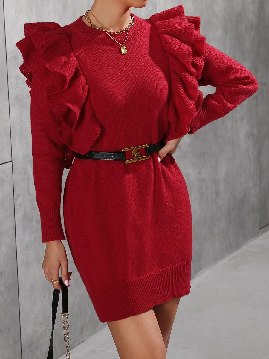 SHEIN Privé 素色荷葉邊毛衣裙不附腰帶 - 紅色 - 查看 1