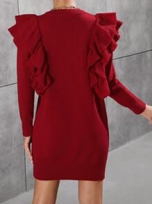 SHEIN Privé 素色荷葉邊毛衣裙不附腰帶 - 紅色 - 查看 2