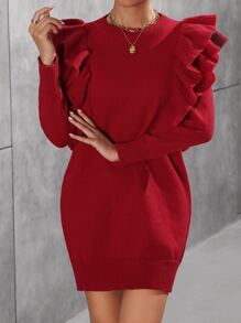 SHEIN Privé 素色荷葉邊毛衣裙不附腰帶 - 紅色 - 查看 4