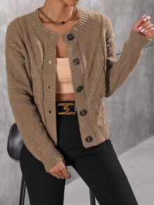 SHEIN LUNE Cable Knit Drop Shoulder Cardigan - Brown - View 3