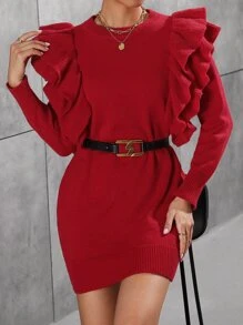 SHEIN Privé 素色荷葉邊毛衣裙不附腰帶 - 紅色 - 查看 5