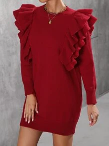 SHEIN Privé 素色荷葉邊毛衣裙不附腰帶 - 紅色 - 查看 6