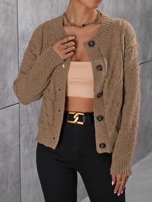 SHEIN LUNE Cable Knit Drop Shoulder Cardigan - Brown - View 5