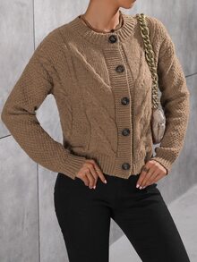 SHEIN LUNE Cable Knit Drop Shoulder Cardigan - Brown - View 6