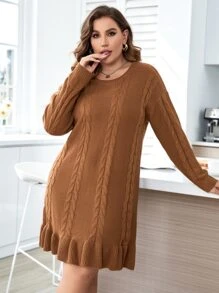 Celure Plus Drop Shoulder Ruffle Hem Cable Knit Jumper Dress - Coffee Brown - View 1