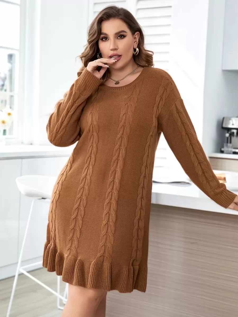 Celure Plus Drop Shoulder Ruffle Hem Cable Knit Jumper Dress - Coffee Brown - View 1