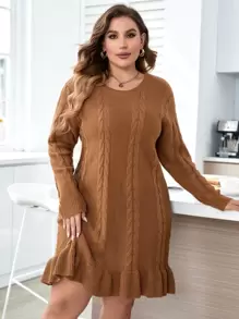 Celure Plus Drop Shoulder Ruffle Hem Cable Knit Jumper Dress - Coffee Brown - View 3