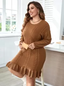 Celure Plus Drop Shoulder Ruffle Hem Cable Knit Jumper Dress - Coffee Brown - View 4
