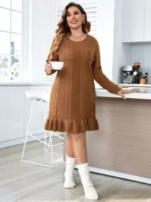 Celure Plus Drop Shoulder Ruffle Hem Cable Knit Jumper Dress - Coffee Brown - View 5