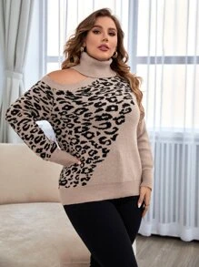SHEIN LUNE Plus Leopard Pattern Cut Out Turtleneck Drop Shoulder Jumper - Multicolor - View 4