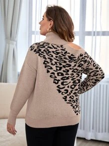 SHEIN LUNE Plus Leopard Pattern Cut Out Turtleneck Drop Shoulder Jumper - Multicolor - View 2