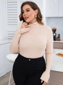 SHEIN LUNE Plus Turtle Neck Button Detail Slit Cuff Sweater - Apricot - View 3