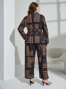 Modelyn Plus Random Scarf Print Belted Blazer & Wide Leg Trousers - Multicolor - View 2