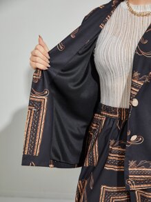 Modelyn Plus Random Scarf Print Belted Blazer & Wide Leg Trousers - Multicolor - View 3