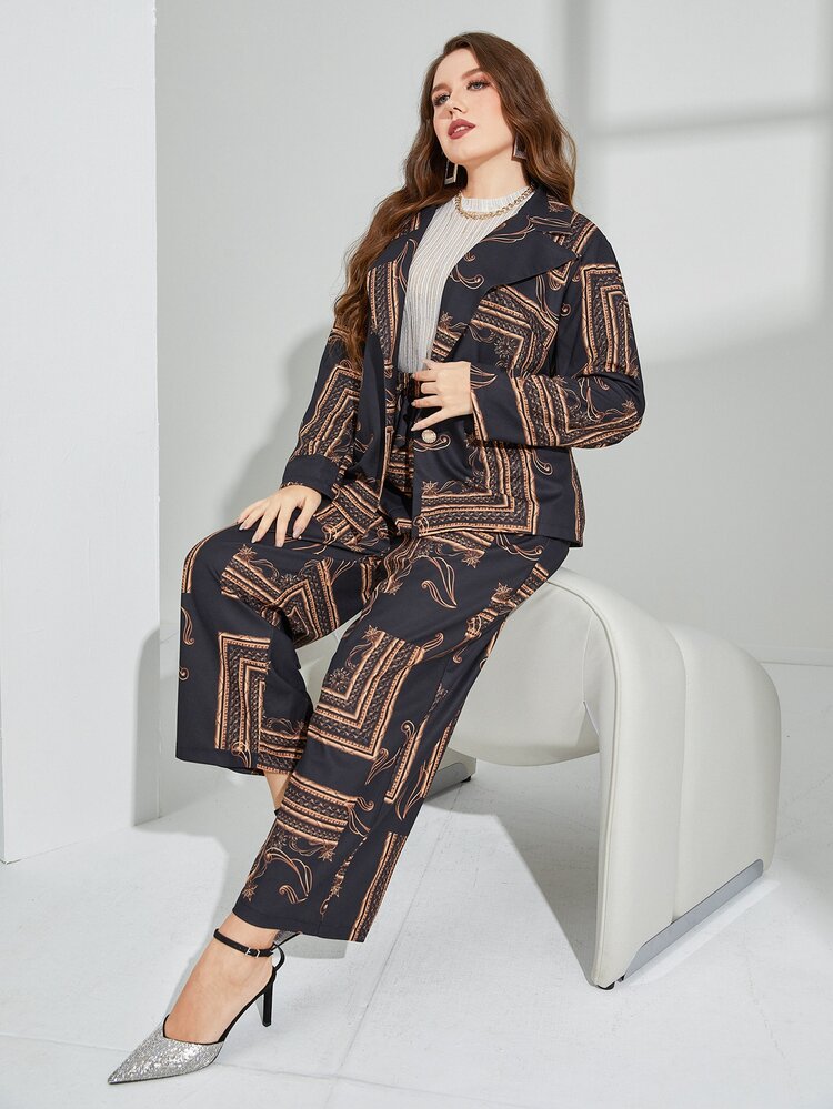 Modelyn 大碼隨機圍巾圖案腰帶西裝外套和闊腿褲 - 彩色 - 查看 4