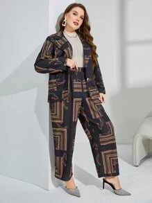Modelyn Plus Random Scarf Print Belted Blazer & Wide Leg Trousers - Multicolor - View 5