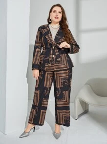 Modelyn Plus Random Scarf Print Belted Blazer & Wide Leg Trousers - Multicolor - View 6