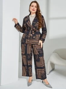 Modelyn Plus Random Scarf Print Belted Blazer & Wide Leg Trousers - Multicolor - View 7