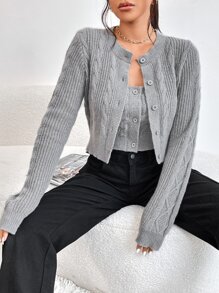 SHEIN Cárdigan tejido de cable & Top tejido corto - Gris - Ver 8