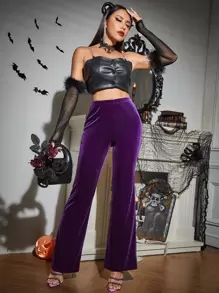 Velvet Flare Leg Trousers - Purple - View 1