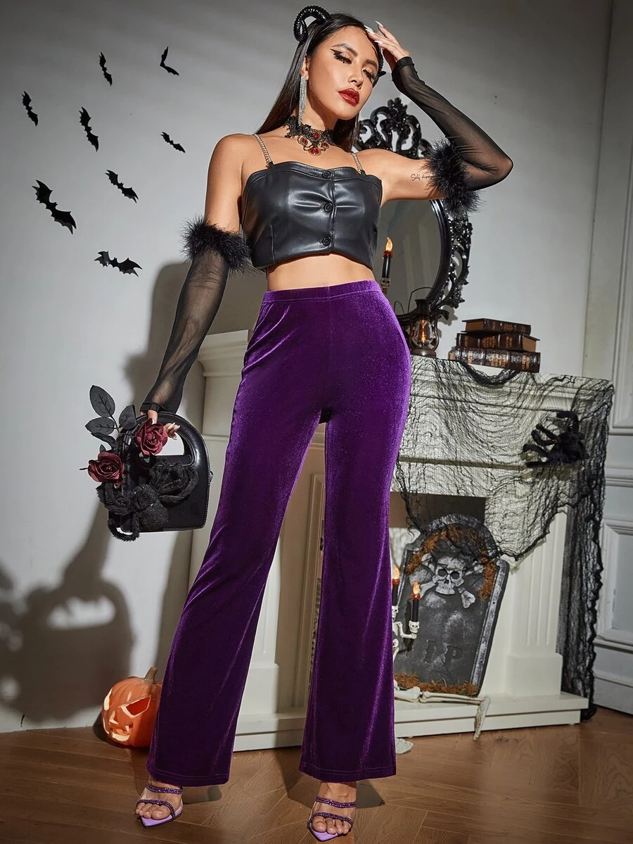 Velvet Flare Leg Trousers - Purple - View 1
