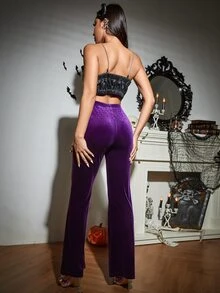 Velvet Flare Leg Trousers - Purple - View 2