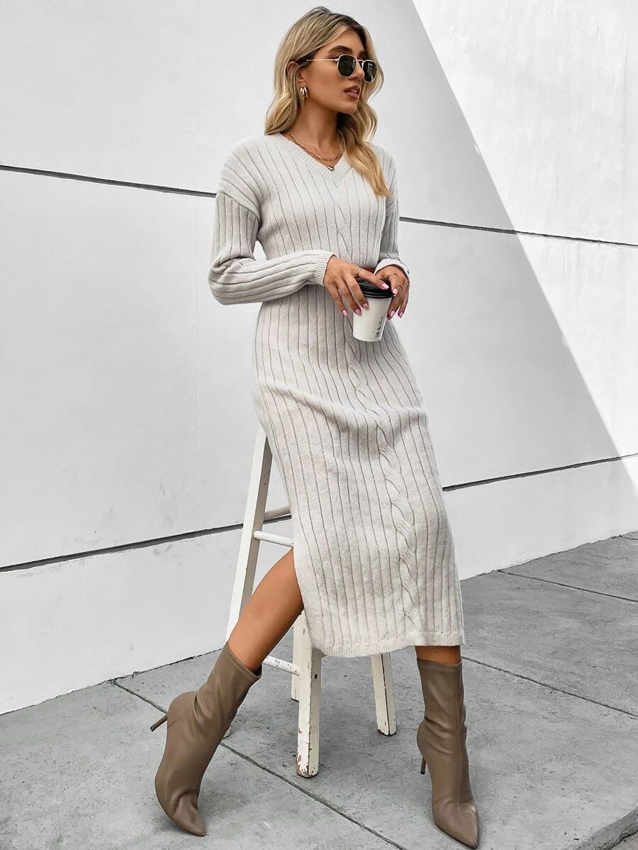 SHEIN Clasi 落肩袖下擺開叉麻花編織毛衣洋裝不附腰帶