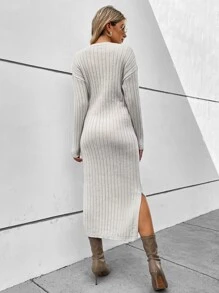 SHEIN Clasi 落肩袖下擺開叉麻花編織毛衣洋裝不附腰帶