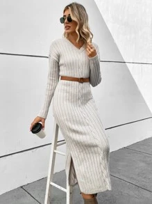 SHEIN Clasi 落肩袖下擺開叉麻花編織毛衣洋裝不附腰帶