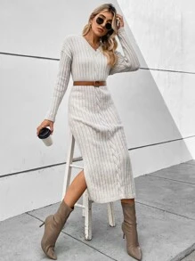 SHEIN Clasi 落肩袖下擺開叉麻花編織毛衣洋裝不附腰帶