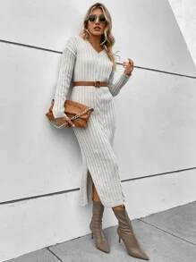 SHEIN Clasi 落肩袖下擺開叉麻花編織毛衣洋裝不附腰帶