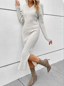 SHEIN Clasi 落肩袖下擺開叉麻花編織毛衣洋裝不附腰帶