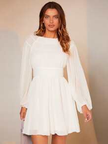 BizChic Lantern Sleeve Backless Flare Hem Dress - White - View 1