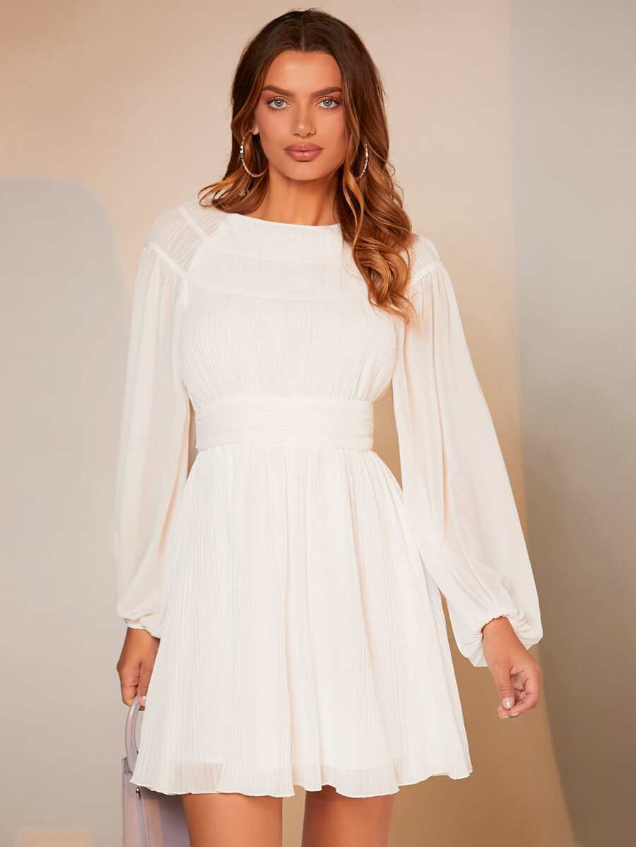 BizChic Lantern Sleeve Backless Flare Hem Dress - White - View 1