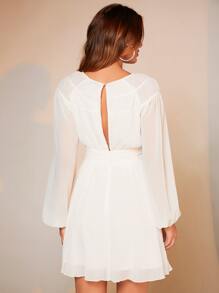 BizChic Lantern Sleeve Backless Flare Hem Dress - White - View 2