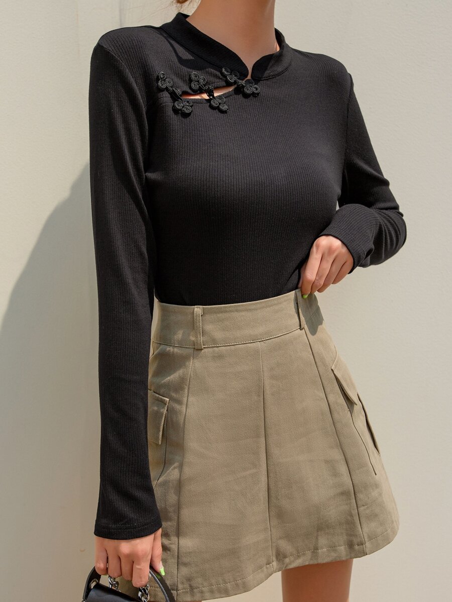 DAZY Camiseta de cuello mao tejido de canalé - Negro - Ver 1