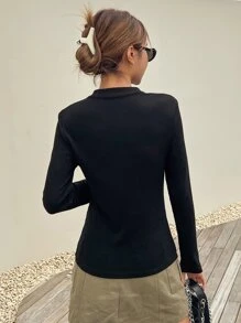 DAZY Camiseta de cuello mao tejido de canalé - Negro - Ver 3