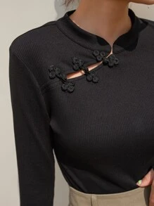 DAZY Camiseta de cuello mao tejido de canalé - Negro - Ver 4