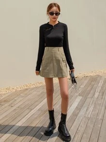 DAZY Camiseta de cuello mao tejido de canalé - Negro - Ver 7