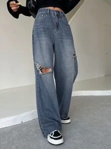 DAZY Ripped Raw Trim Moustache Effect Wide Leg Jeans - Dark Wash - View 7