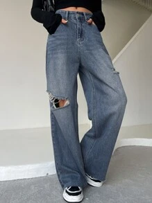 DAZY Ripped Raw Trim Moustache Effect Wide Leg Jeans - Dark Wash - View 8