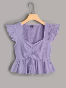 Soleia Butterfly Sleeve Lettuce Trim Drawstring Peplum Schiffy Blouse - Lilac Purple - View 1