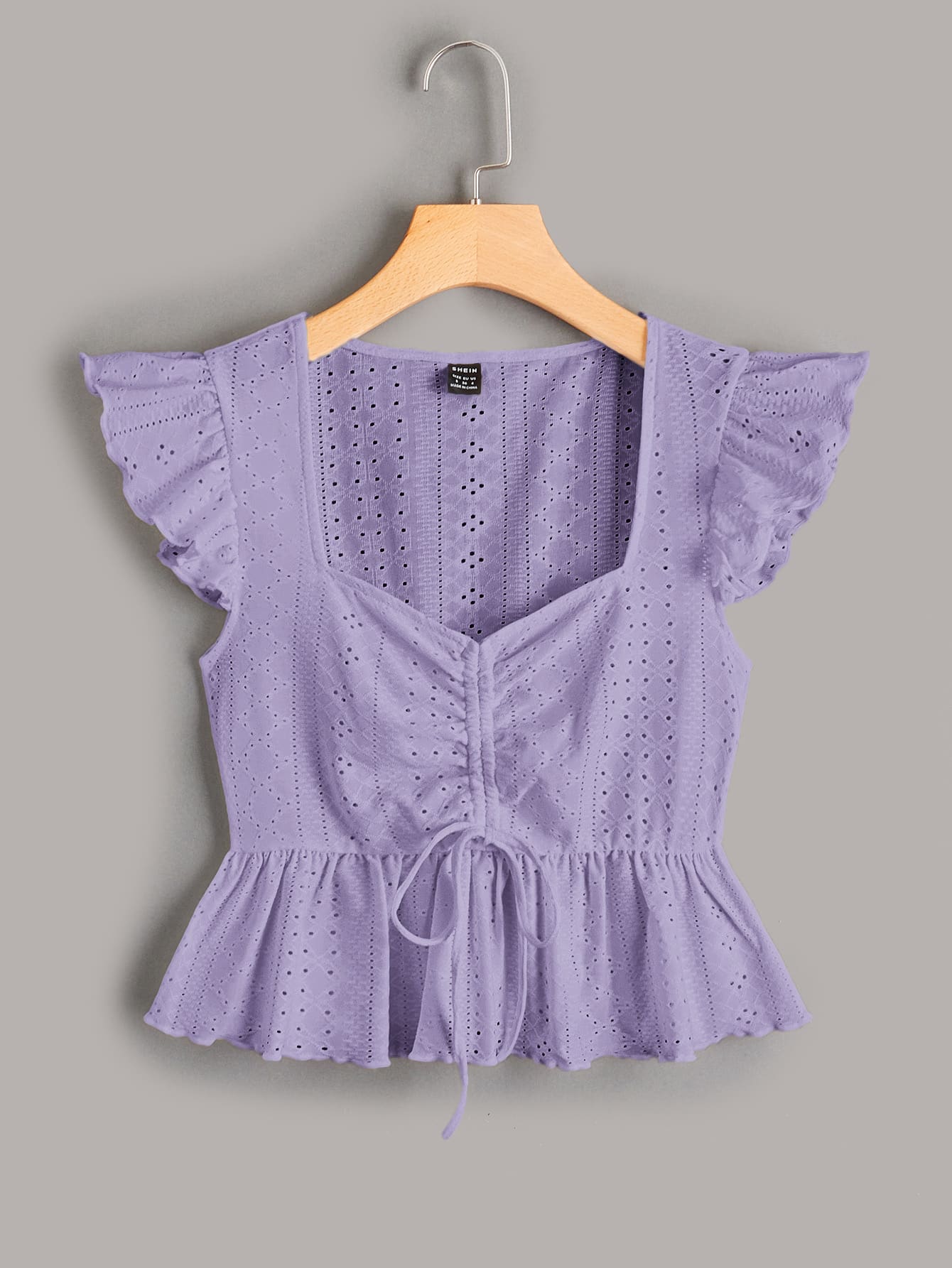 Soleia Butterfly Sleeve Lettuce Trim Drawstring Peplum Schiffy Blouse - Lilac Purple - View 1