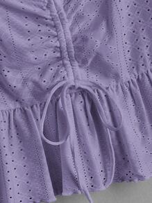 Soleia Butterfly Sleeve Lettuce Trim Drawstring Peplum Schiffy Blouse - Lilac Purple - View 3