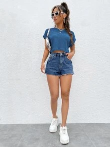 SHEIN EZwear Batwing Sleeve Textured Tee - Blue - View 4