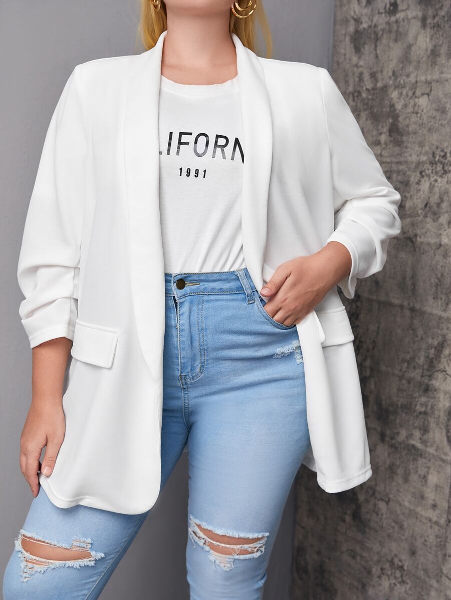 SHEIN LUNE 大碼青果領抽褶袖西裝外套 - 白色 - 查看 1