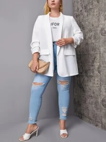 SHEIN LUNE 大碼青果領抽褶袖西裝外套 - 白色 - 查看 4