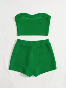 Soleia Ribbed Knit Tube Top & Cycling Shorts - Green - View 3
