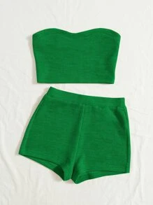 Soleia Ribbed Knit Tube Top & Cycling Shorts - Green - View 4
